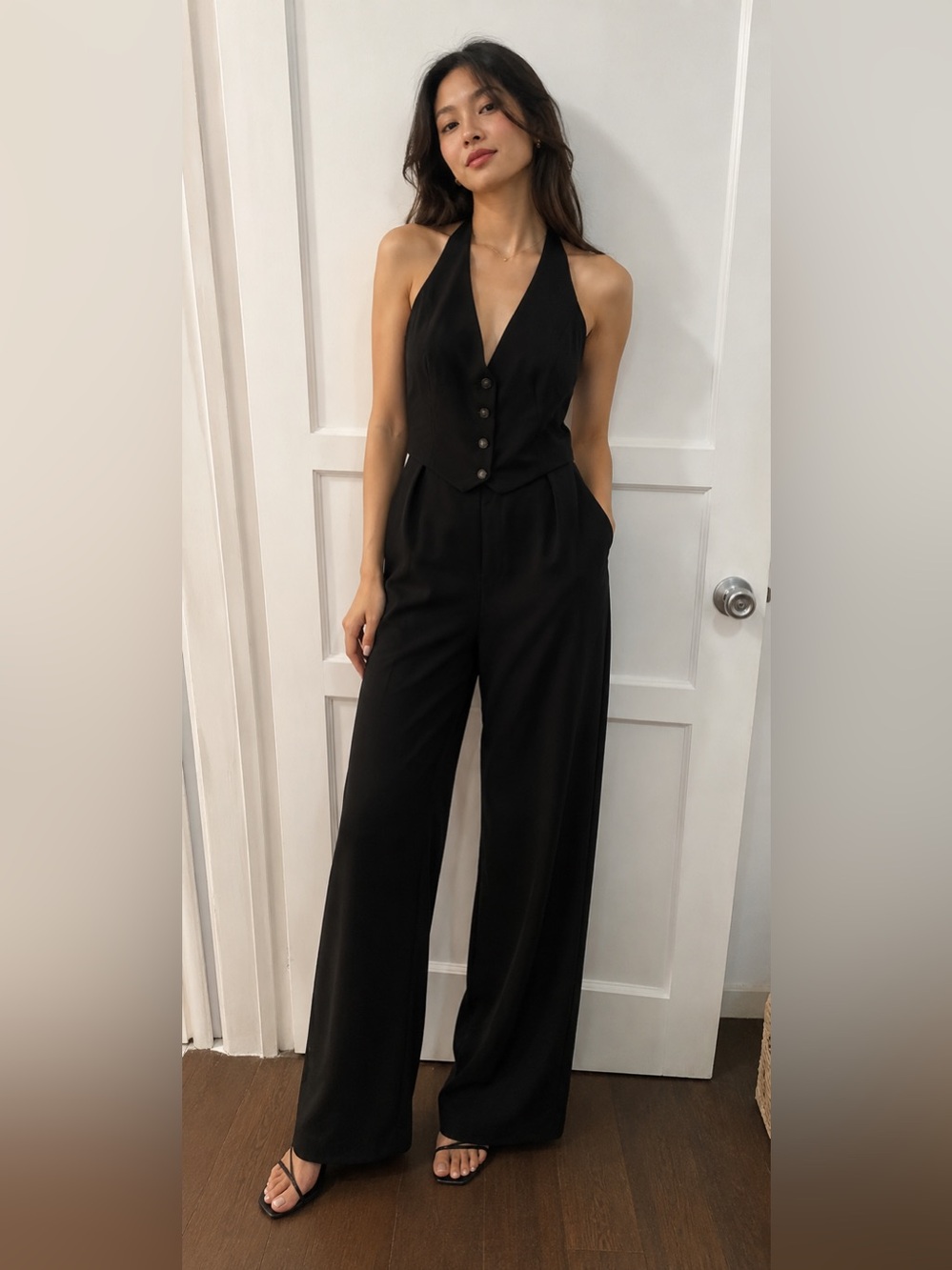 Derek Heart Black One-Shoulder Jumpsuit with Button Front